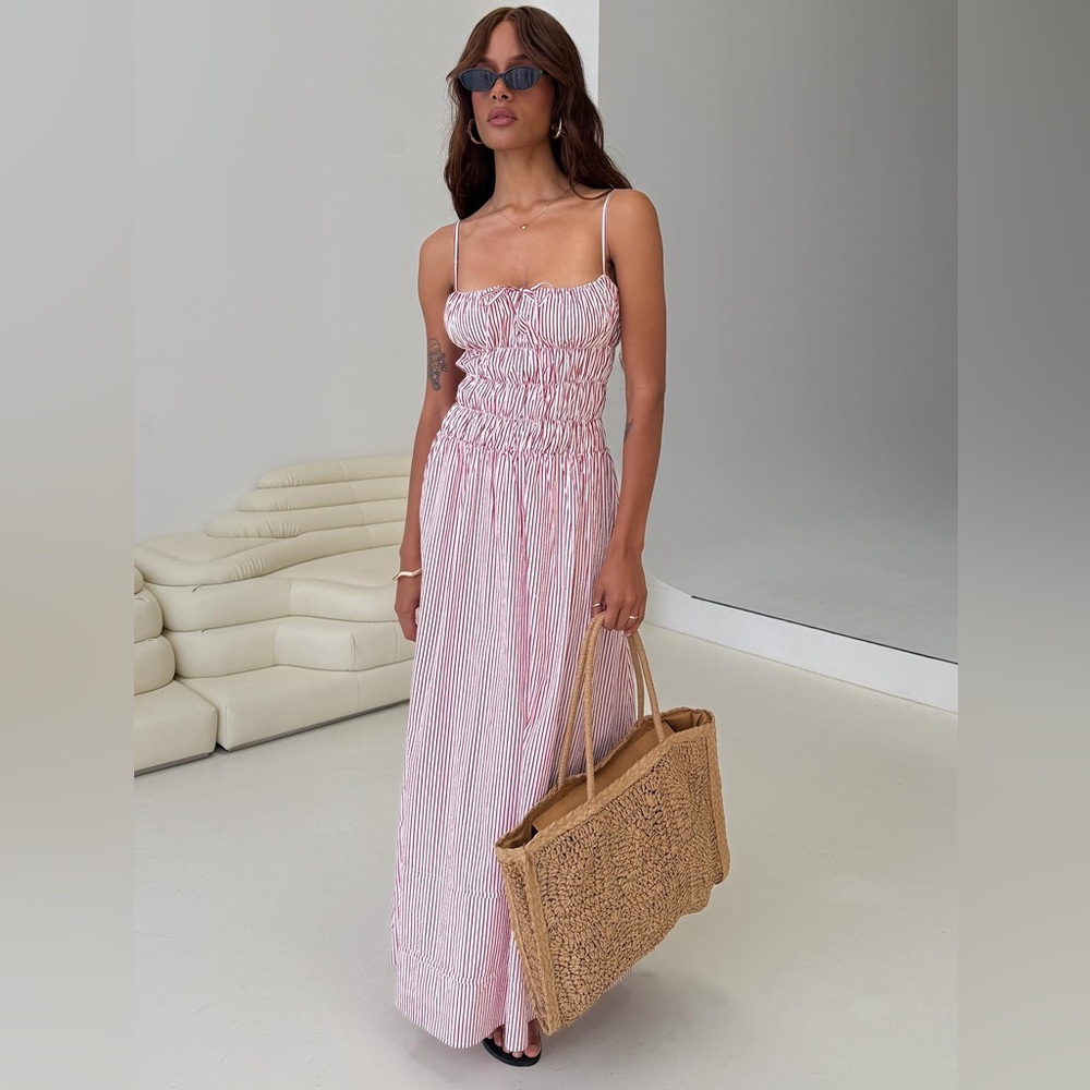 Princess Polly Loralei Shirred Maxi Dress Red Stripe Size 12 🤶
